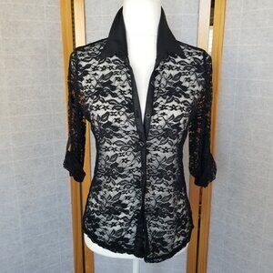 Bongo Y2K Sheer Lace Top Floral Button Up Faux Leather Trim Roll-tab Sleeves MED